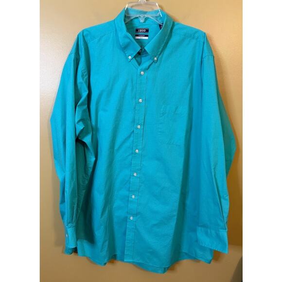 Izod Men's Teal Check All Over Stretch Tall Fit Button-Down Shirt Size18.5 35/36 - Picture 1 of 6